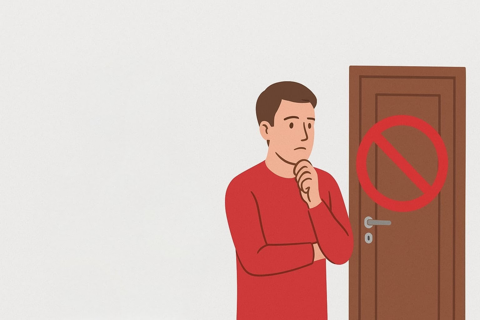 Illustration d’un homme inquiet en tee-shirt rouge, debout devant une porte fermée avec un symbole d’interdiction rouge, représentant une personne enfermée dehors.