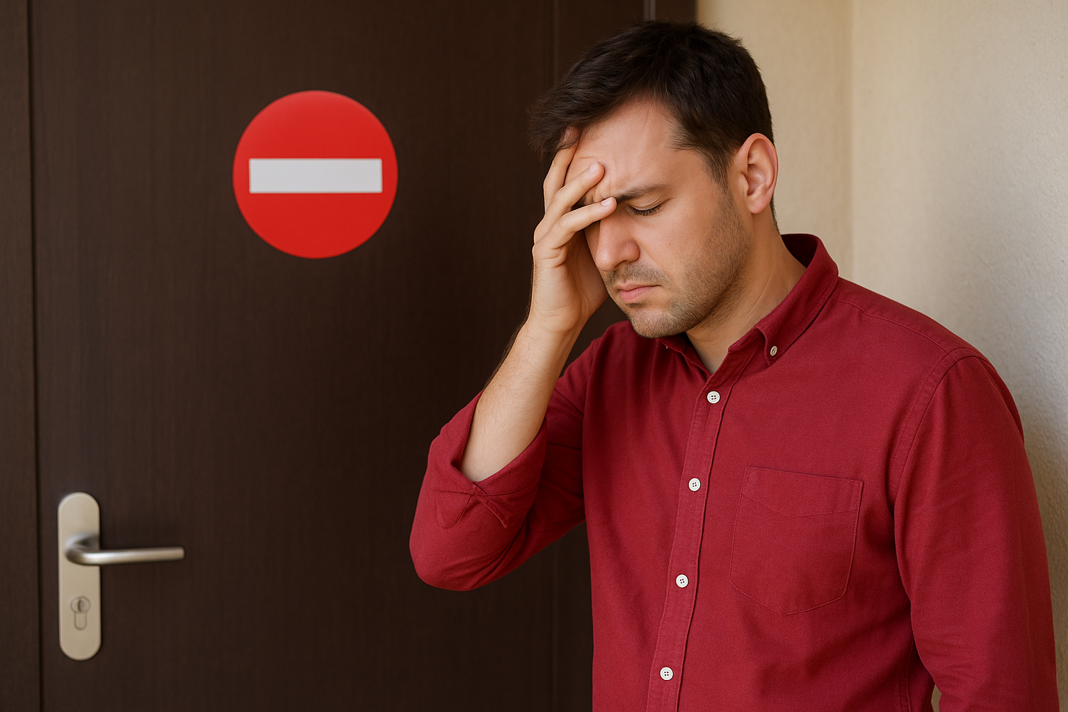 Homme inquiet en chemise rouge debout devant une porte fermée, se tenant la tête avec la main, symbolisant la perte de clés et l’impossibilité d’entrer chez soi.