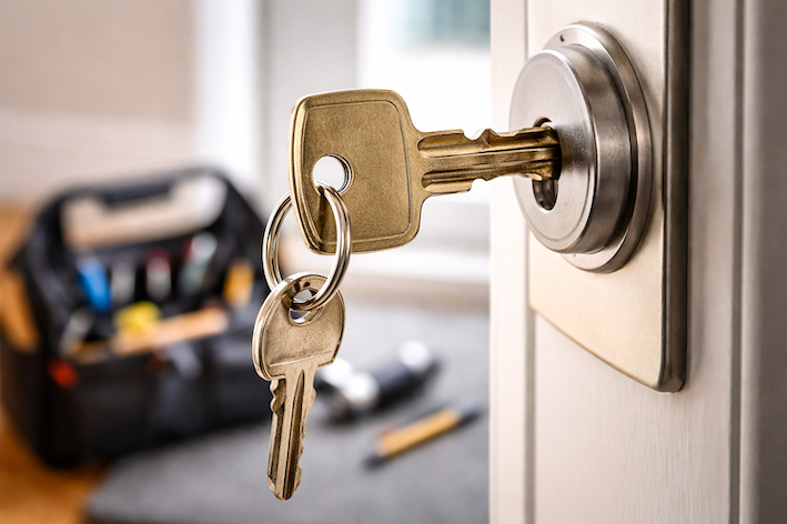 Clé tournée dans une serrure avec cylindre défectueux sur une porte d’entrée