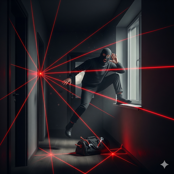 Image représentant un cambrioleur habillé en noir, pris au piège dans une pièce