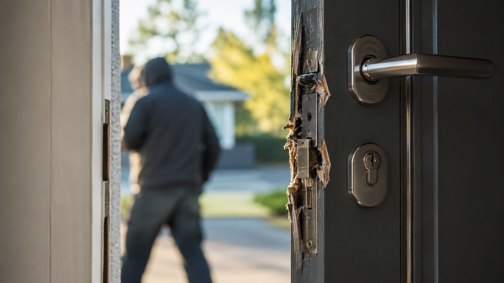 Porte d’entrée endommagée après une Tentative d’effraction dans une maison à Toulouse avec serrure forcée et dégâts visibles sur le bâti.