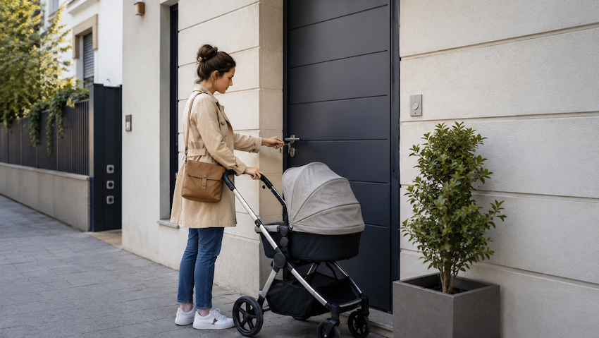 Femme avec poussette face à une porte d’entrée avec une clé dans une serrure bloquée à Toulouse